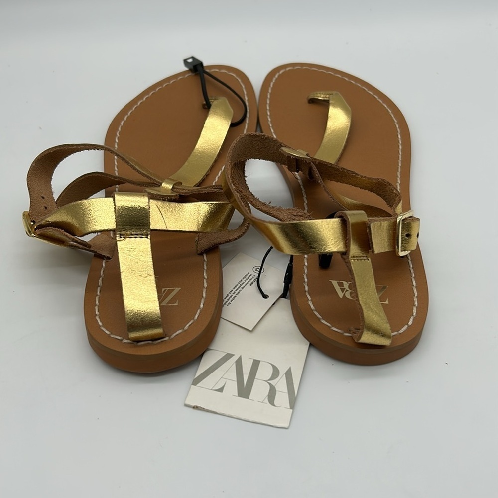 ZARA Gold Leather Flat Sandals Size 6 EU 36 NWT Leather Upper, Rubber Sole - Picture 6 of 10